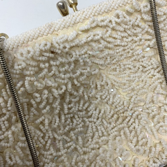 Vintage Beaded Evening Bag Ivory Sequin Gold Satin Interior Wedding Formal 1960s - Picture 9 of 15